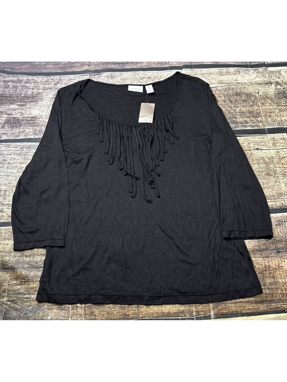 Chicos Top Womens Size 1 Fringe 3/4 Sleeve Rayon Black